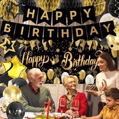 Gold Black Birthday Decorations, Happy Birthday Banner, Backdrop, Balloons, H…