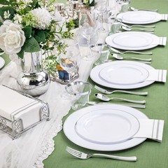 SUT 175 Piece Silver and White Plastic Dinnerware Set for 25 Guests, Disposab…