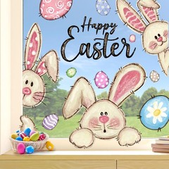 6 Sheets Easter Window Clings Happy Easter Bunny Eggs Window Decals Oil Painting