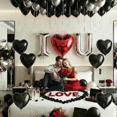 Black Silver Romantic Special Night Decorations with I Love You and Heart Bal…