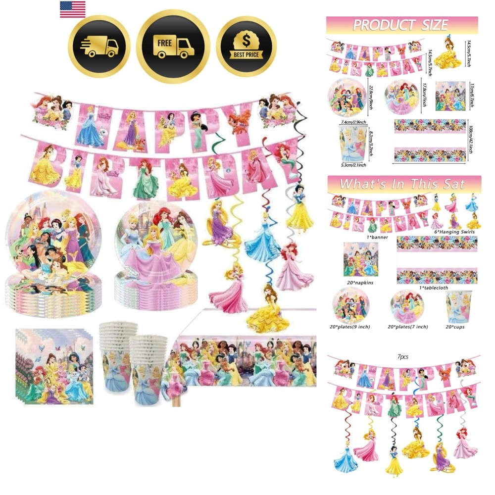Disney Princess Birthday Decorations Party Supplies Set 88PCS Cups Plates Nap…