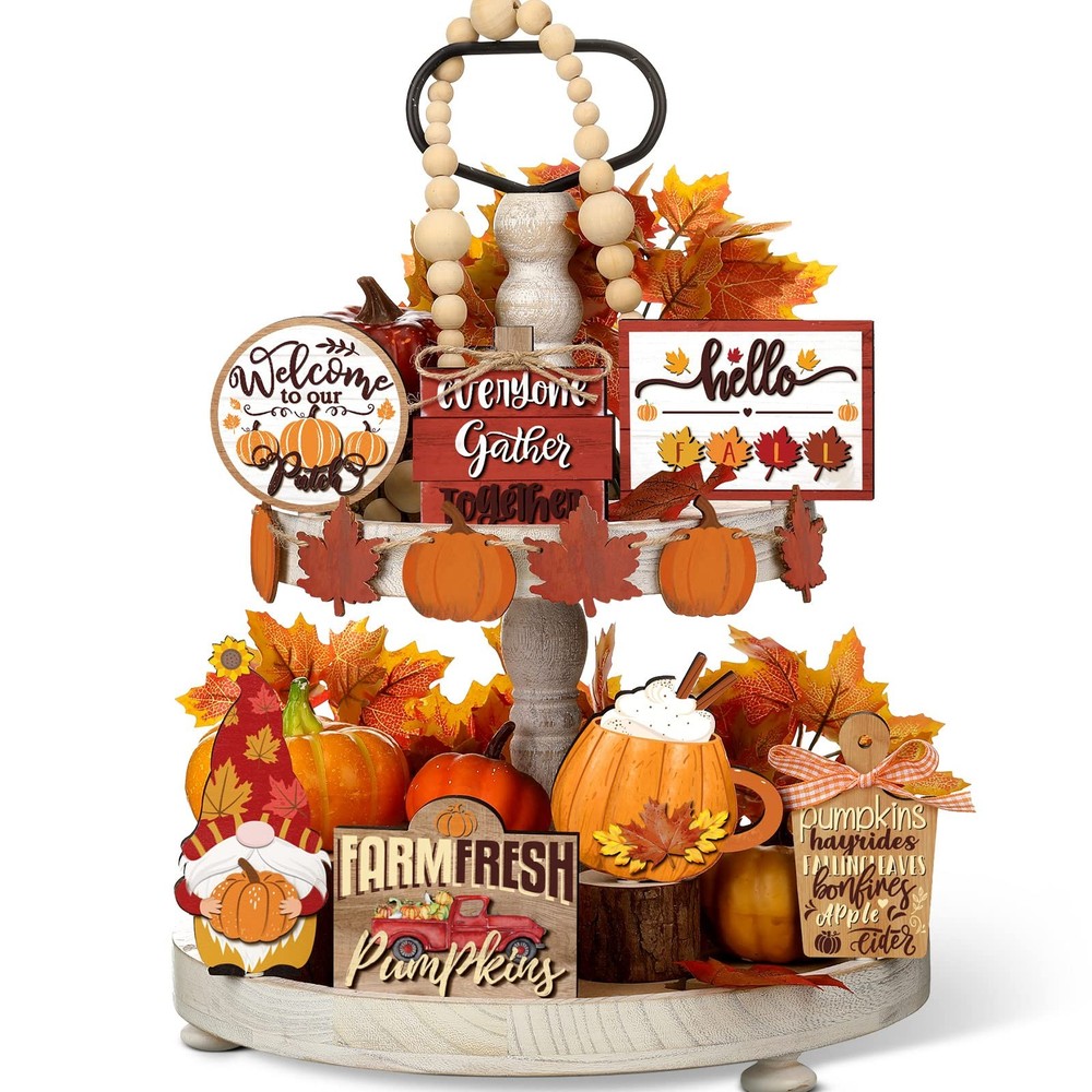 Set of 15 Thanksgiving Fall Tiered Tray Decor Pumpkins Farmhouse Decor Autumn…
