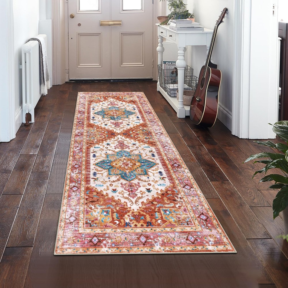 Yamaziot Washable Runner Rug, 2×6 Non-Slip Boho Vintage Hallway 2′ x 6′, Pink