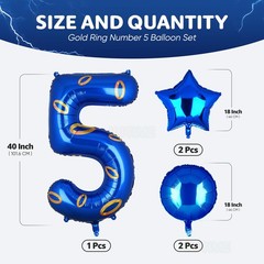40 Inch Giant Number 5 Foil Balloon With Gold Ring, 2 Pcs 18 inch Round and S…