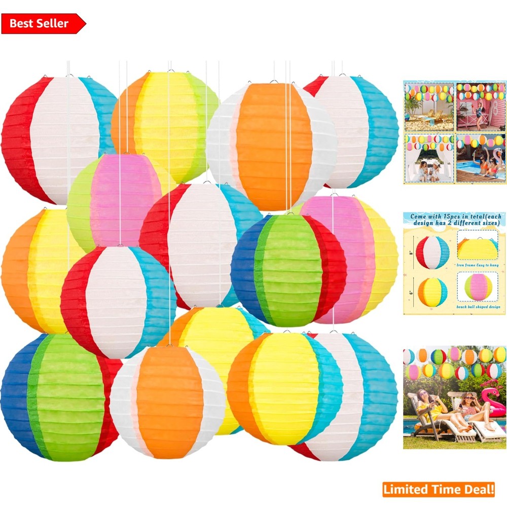 Summer-Themed Paper Lanterns – 15PCS Beach Ball Decor for Indoor & Outdoor Fun