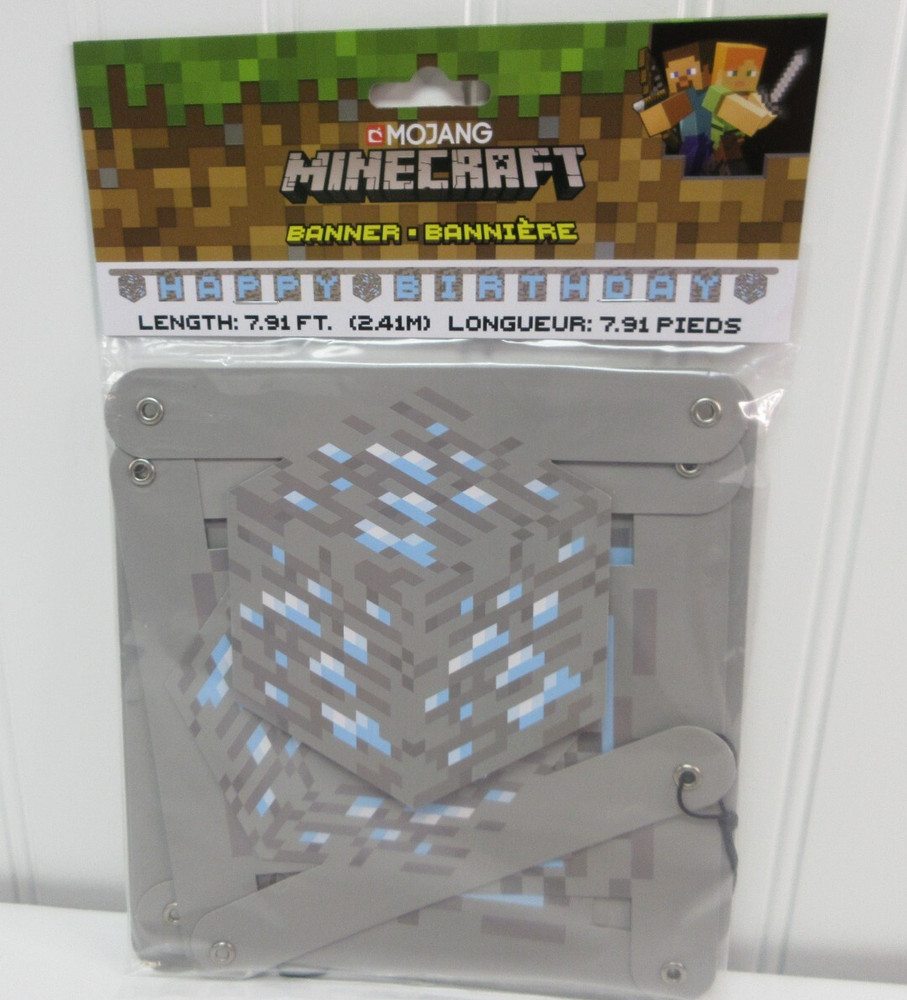 Minecraft Happy Birthday Banner Party Decoration Kids Birthday Gray Blue 7.91 ft