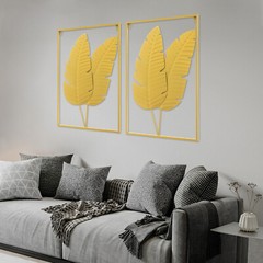 2PCS Wall Decorations Gold Iron Leaf Wall Hanging Home Decor w/Frame Wall Decor