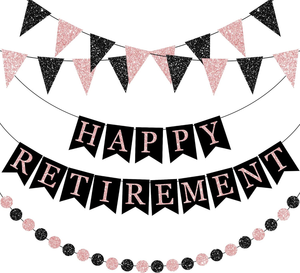 Happy Retirement Banner Rose Gold and Black Retirement Banner Glittery Pennant F