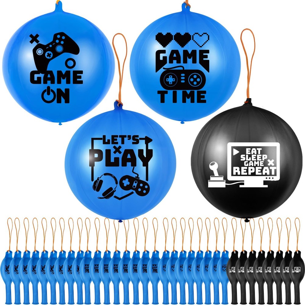 32 Pcs Video Game Punch Balloons Pixelated Punch Ball Balloons (Blue, Black)