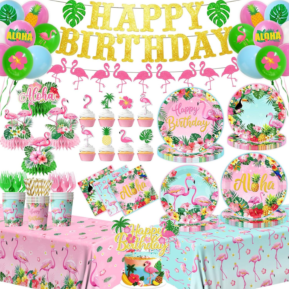 Flamingo Birthday Decorations – 193Pcs Tropical Luau Hawaiian Themed Banner Tabl