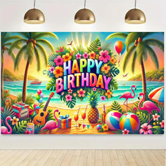 Hawaiian Birthday Banner Tropical Party Backdrop Luau Celebration Decor Happy…