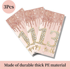 3 Pack 13Th Birthday Tablecloth Decorations for Girls, Pink Rose Gold Happy 13 B