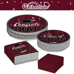 2026 Graduation Party Supplies – Maroon Disposable Plates & Napkins Set for 50