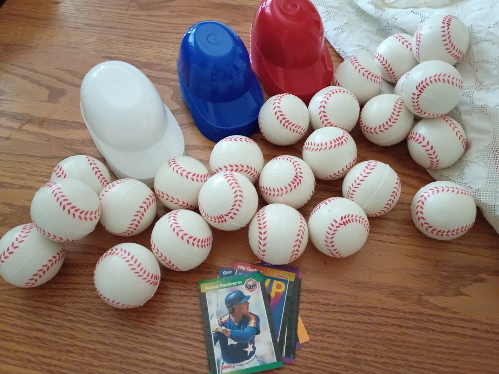 Baseball Decorations Lot Foam Baseballs & Cap-shaped Bowls, Cards Red White Blue