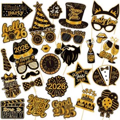30 PCS New Years Photo Booth Props 2026 Black Gold NYE Happy Party Decor