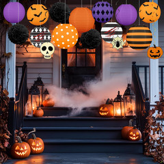 16Pcs Halloween Decorations Paper Lanterns Set | Pom Poms and Hanging Swirls for