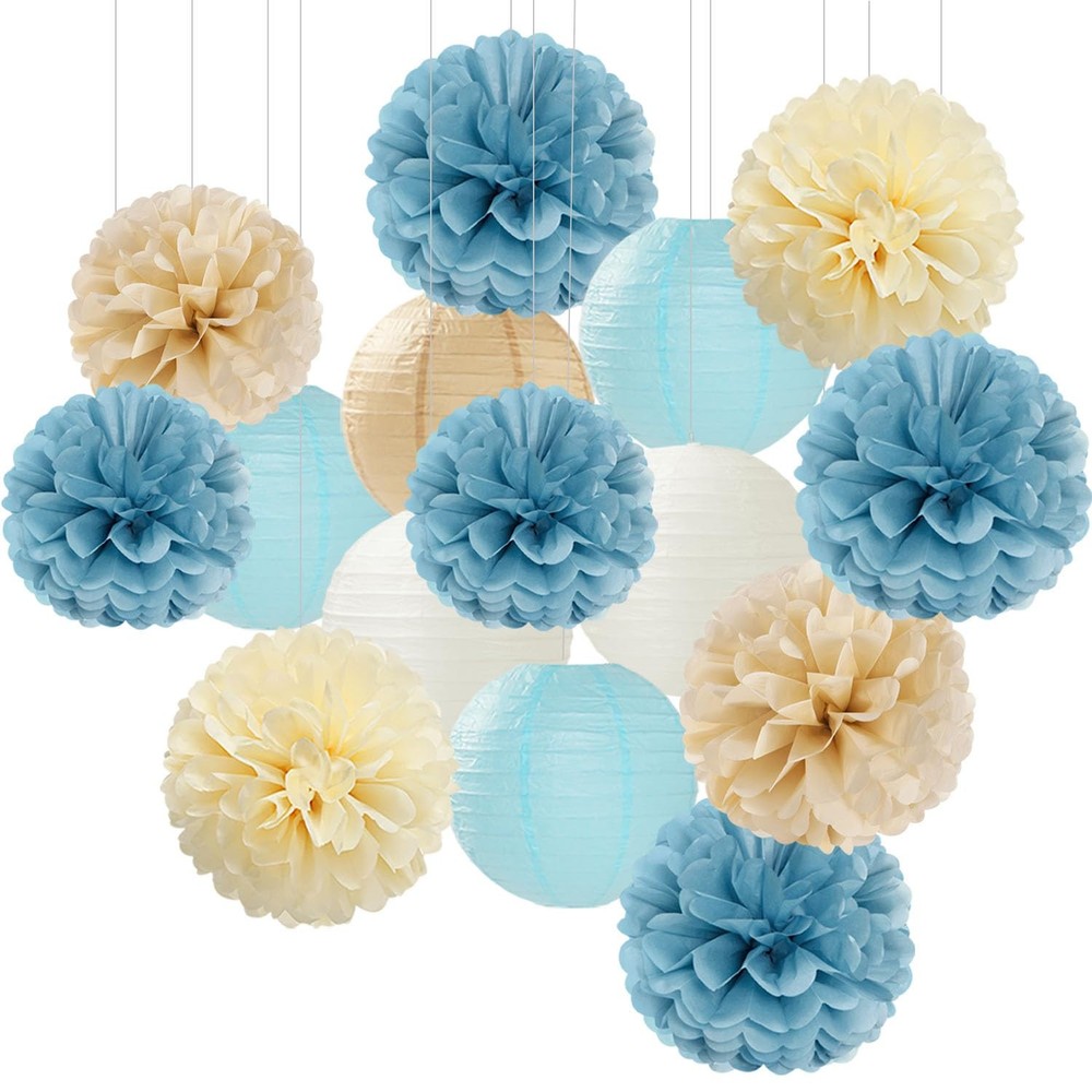 Dusty-Blue Champagne Party-Decorations -Flowers Lanterns – 15pc Boho Beige Go…