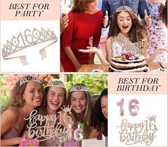 Rose Gold Sweet 16 Decorations: Crown, Sash, Candles & Cake Embellishments