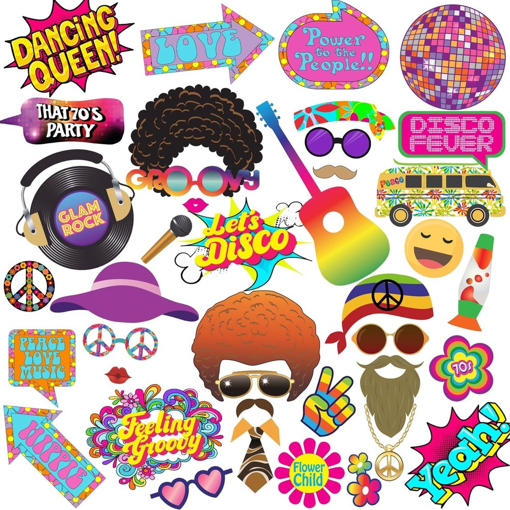 1970s Disco Party Photo Booth Props – 41pcs – Retro Party Supplies Decorations