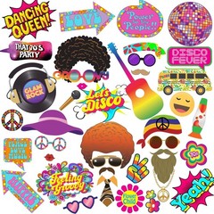 1970s Disco Party Photo Booth Props – 41pcs – Retro Party Supplies Decorations