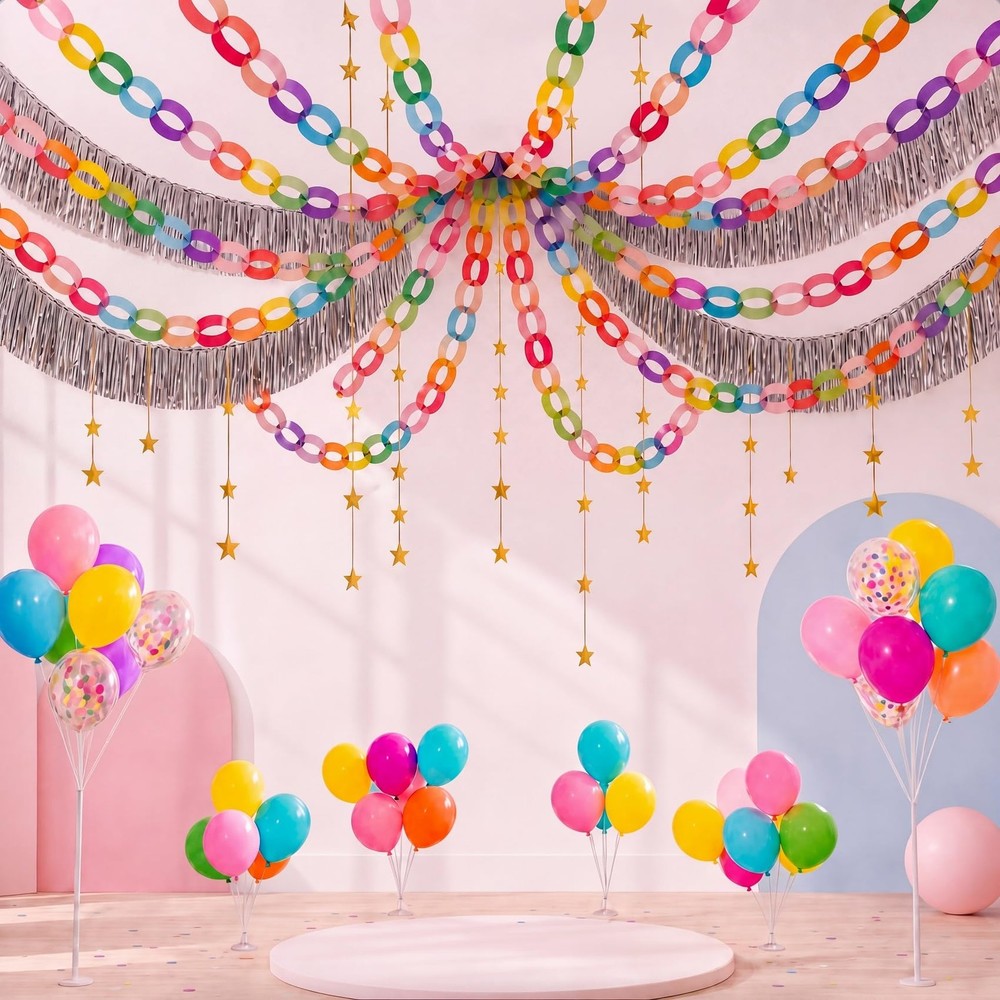 338 Pcs Rainbow Party Decoration 300 Sheets Chain Strips and 26.2ft Sliver Fr…