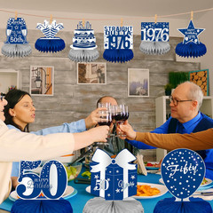 50Th Birthday Decorations for Men – Blue and Silver Honeycomb Centerpieces for 5
