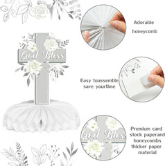 God Bless Honeycomb Centerpieces, 12Pcs Baptism Table Decorations | White Sliver