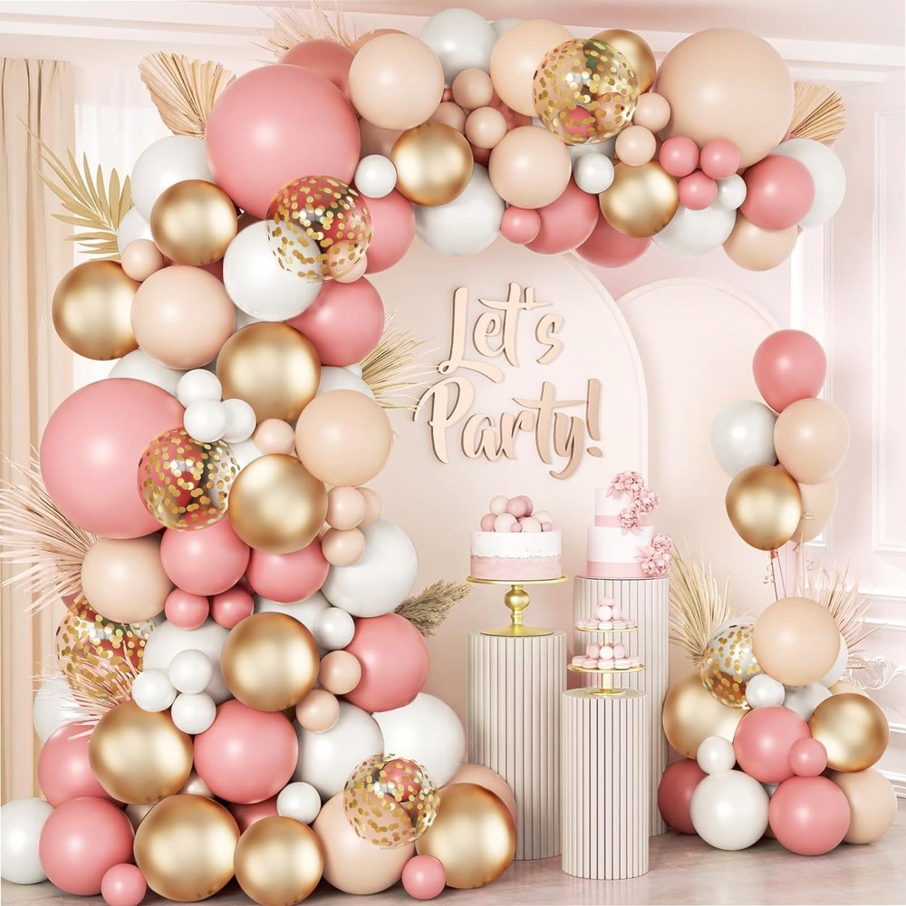 Pink White Balloon Arch Kit, Retro Pink Nude Matte White Metallic Gold Balloo…