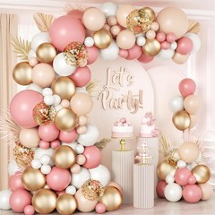 Pink White Balloon Arch Kit, Retro Pink Nude Matte White Metallic Gold Balloo…