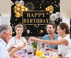 7x5ft Happy Birthday Backdrop Banner, Birthday Party Decor,Black Gold Poster Pho