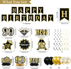 90Th Birthday Decorations for Men, Black Gold Back in 1936 Party Supplies Kit wi