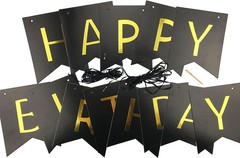 Black Happy Birthday Bunting Banner with Shiny Gold Letters Party Supplies