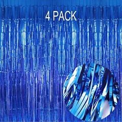 Foil Fringe Curtain- 4 Pack of 3.2×8.2ft Streamers Backdrop Curtains for Blue