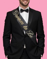 Bride & Groom Sash Duo 2 PCS White/Black Satin Gold Foil Engagement Decor
