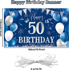 50Th Birthday Banner Backdrop, Happy 50Th Birthday Decorations,Blue Silver Fabri