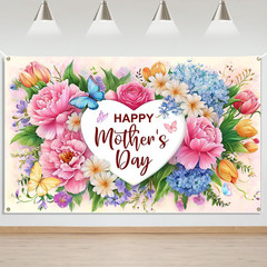 Mother’s Day Backdrop Banner Flowers Happy Mothers Day Decorations Banner I Love