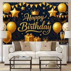 Birthday Decoration Banner 71×43 Inch Black and Gold Happy Birthday Backdrop …
