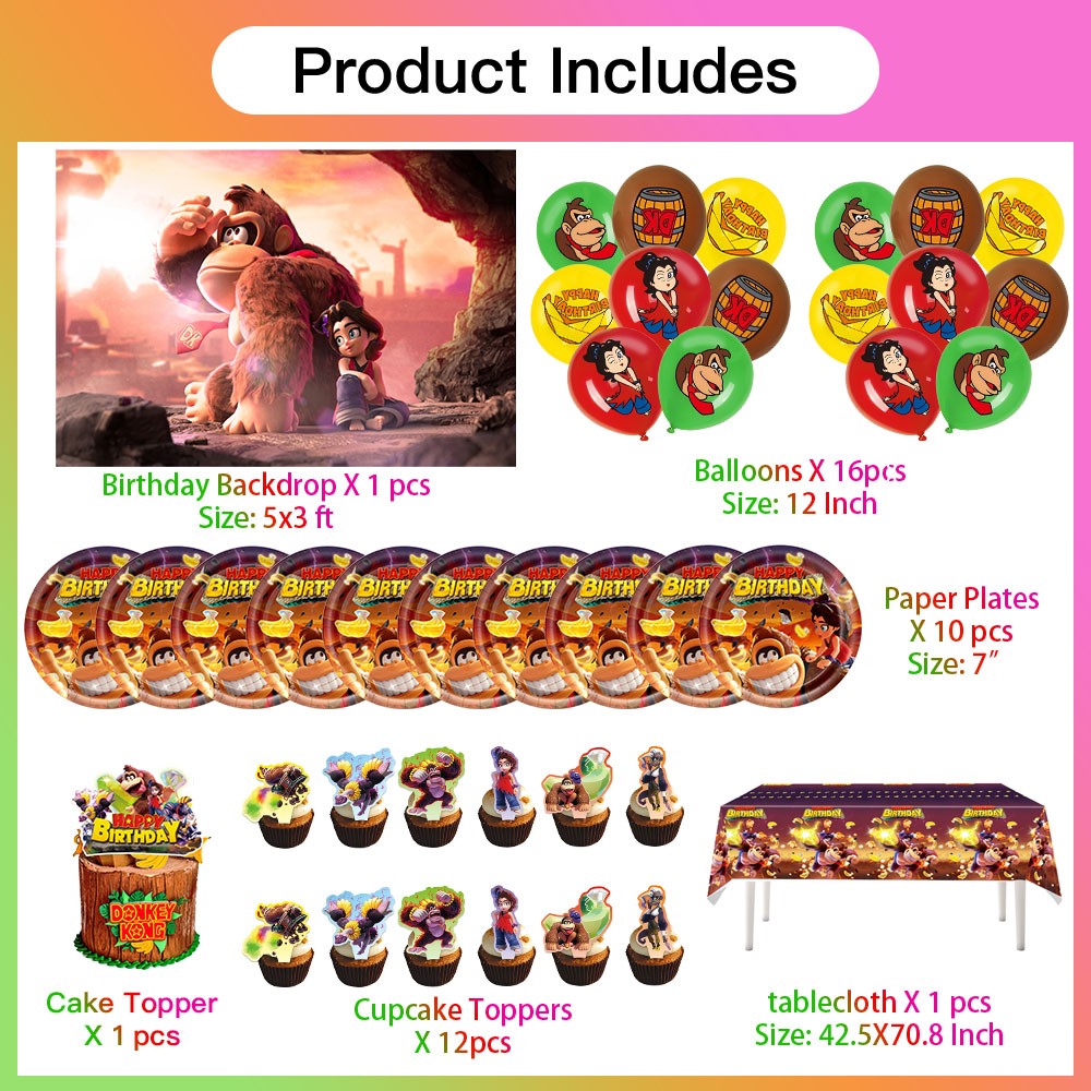 Donkey Kong Bananza Party Supplies Set Banner Balloons Plates Cups Tablecloth