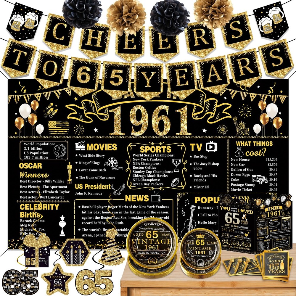 65th Birthday Party Decorations Set – 106 PCS Vintage Tableware, Backdrops, Bann