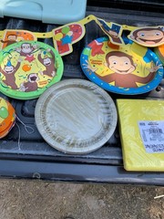 +10 curious george happy birthday sign, disposable plates , confetti , party hat