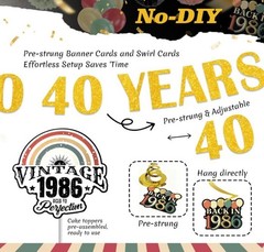 47Pcs 40Th Birthday Decorations for Men Women, PRE-STRUNG Vintage 1986 Banner Pa
