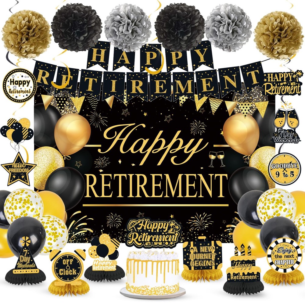 Retirement Party Decorations for Men Women Black Gold Happy Retirement Banner…
