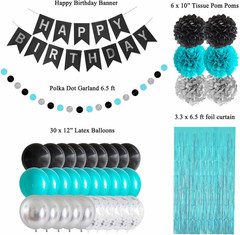 Black Teal Blue and Silver Happy Birthday Party Decorations Turquoise Aqua Ballo