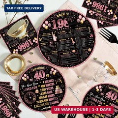 96Pcs 40th Birthday Decorations Women Tableware Set Rose Gold Back in 1986 Paper