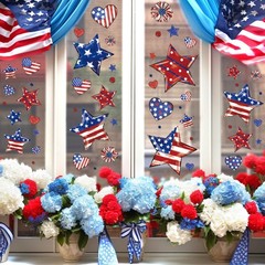 9 Sheets Patriotic Window Clings Watercolor Red White Blue Star Heart Window