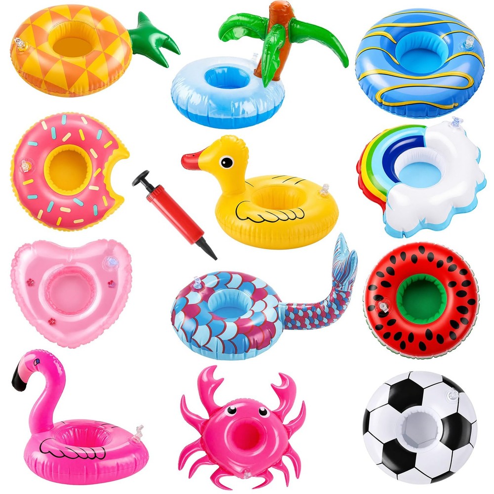 12 Pack Pool Drink Floaties Inflatable Cup Holders with Air Pump Party Floats