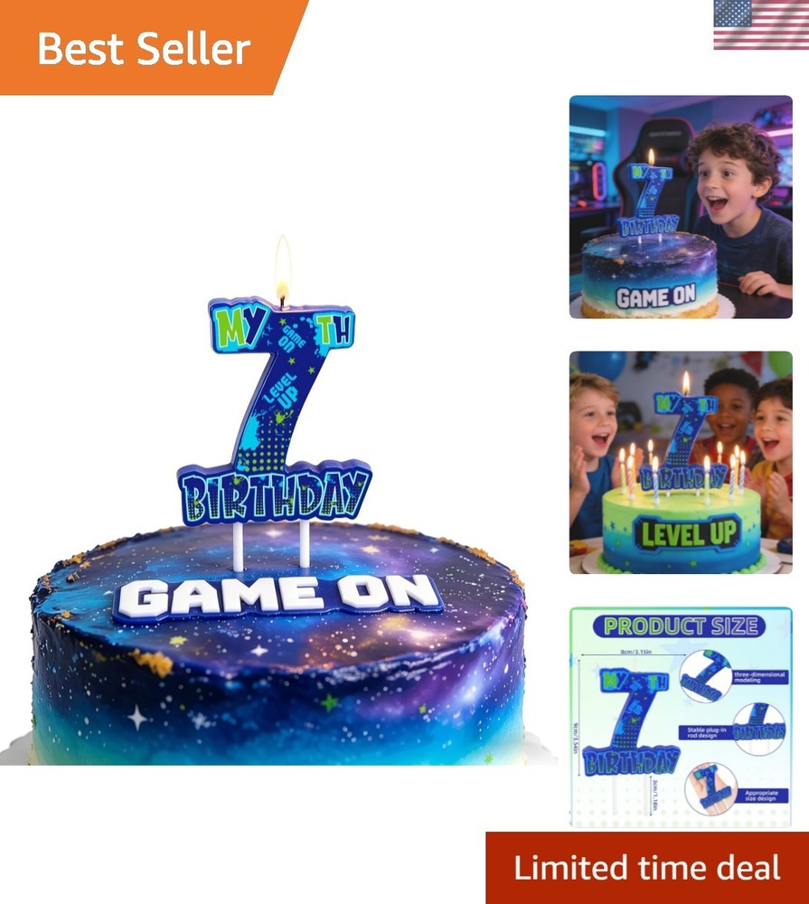 Video Game Birthday Number 7 Candle, 3.5 x3.2in Level Up Gamer 7th Birthday C…