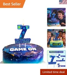 Video Game Birthday Number 7 Candle, 3.5 x3.2in Level Up Gamer 7th Birthday C…