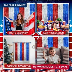 4th of July Decorations, 3 Pack Red White and Blue Tinsel Foil Fringe Curtains,