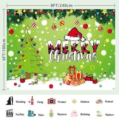Merry Christmas Backdrop Banner – Green Cartoon Theme – 8x6ft – Christmas Party